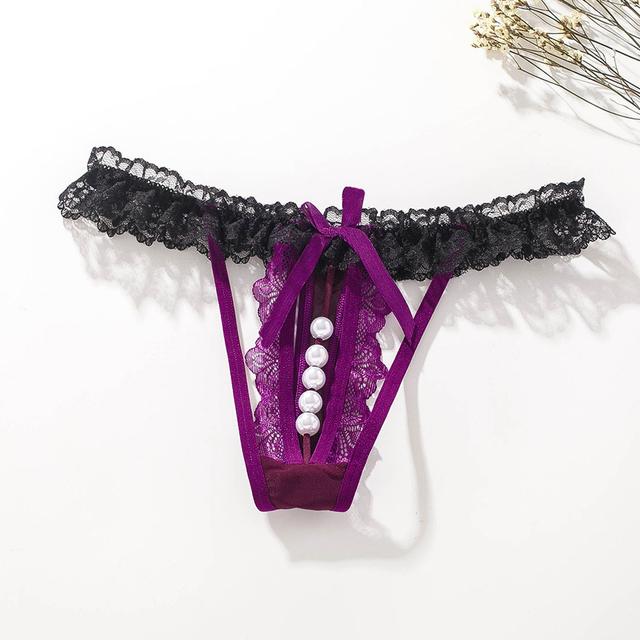 Трусики жіночі перли відкриті чорна еротична білизна з фіолетовим розмір M - L