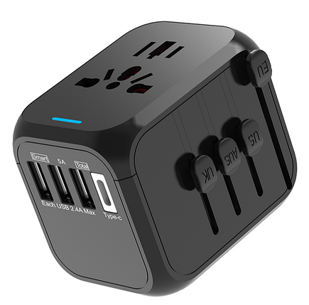 Універсальний адаптер для подорожей чорний USB TYPE C Travel Adapter Перехідник для всіх типів розеток, фото 2