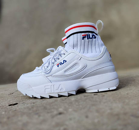 БІЛІ Кросівки з манжеткою Fila Disruptor Sockfit White на високій підошві шкіряні унісекс 36-40 р, фото 1