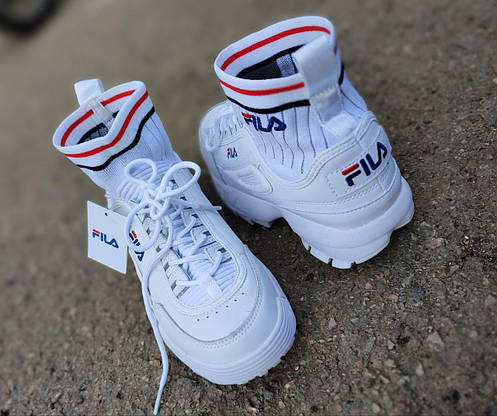 БІЛІ Кросівки з манжеткою Fila Disruptor Sockfit White на високій підошві шкіряні унісекс 36-40 р, фото 3
