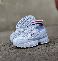 БІЛІ Кросівки з манжеткою Fila Disruptor Sockfit White на високій підошві шкіряні унісекс 36-40 р, фото 4