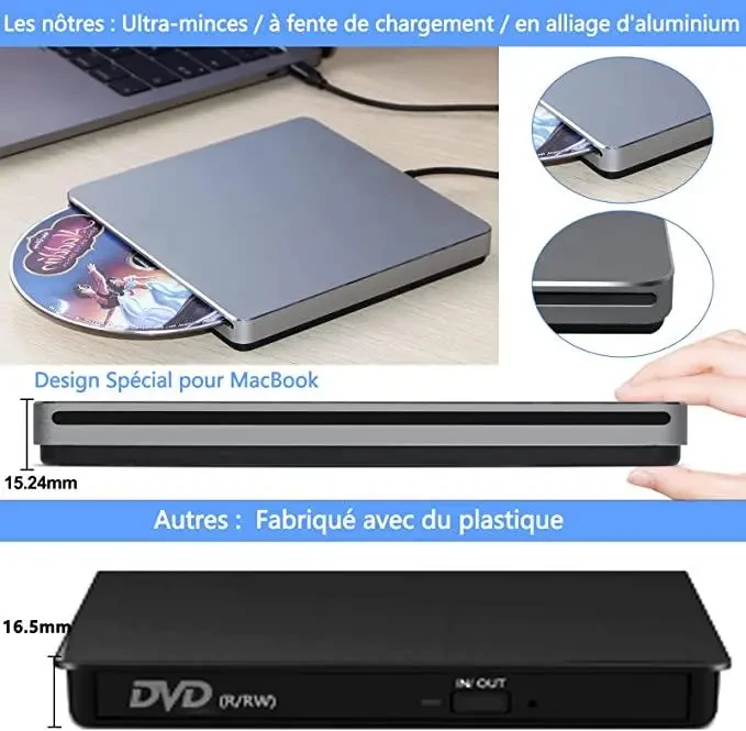 NOLYTH Внешний CD-DVD-привод, USB 3.0 Type-C, слот для CD/DVD-рекордера, перезаписывающий устройство - фото 4 - id-p1761506280