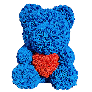 Ведмедик із Роз, 35 см, Синій із Червоним Серцем
