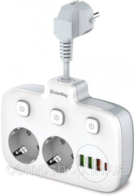 Мережевий фільтр СolorWay CW-CHE24PDW 2 розетки, 3*USB, 1*USB-C порт, білий (код 132522)