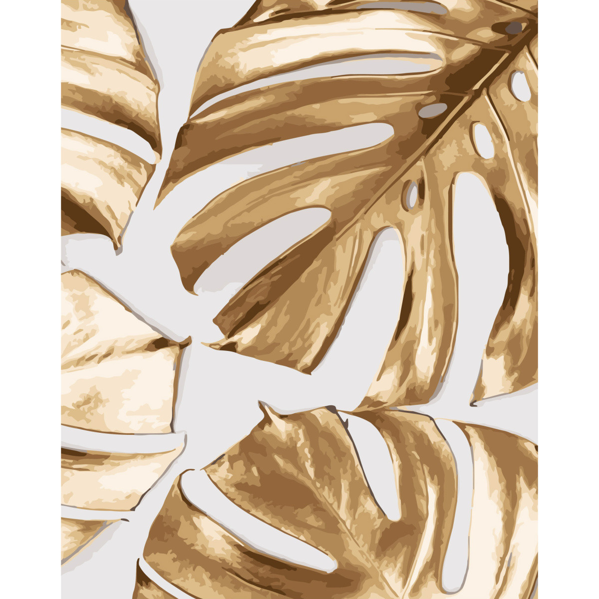 Картина за номерами Strateg ПРЕМІУМ Золоті листки монстери на білому з лаком та рівнем розміром 40х50 см