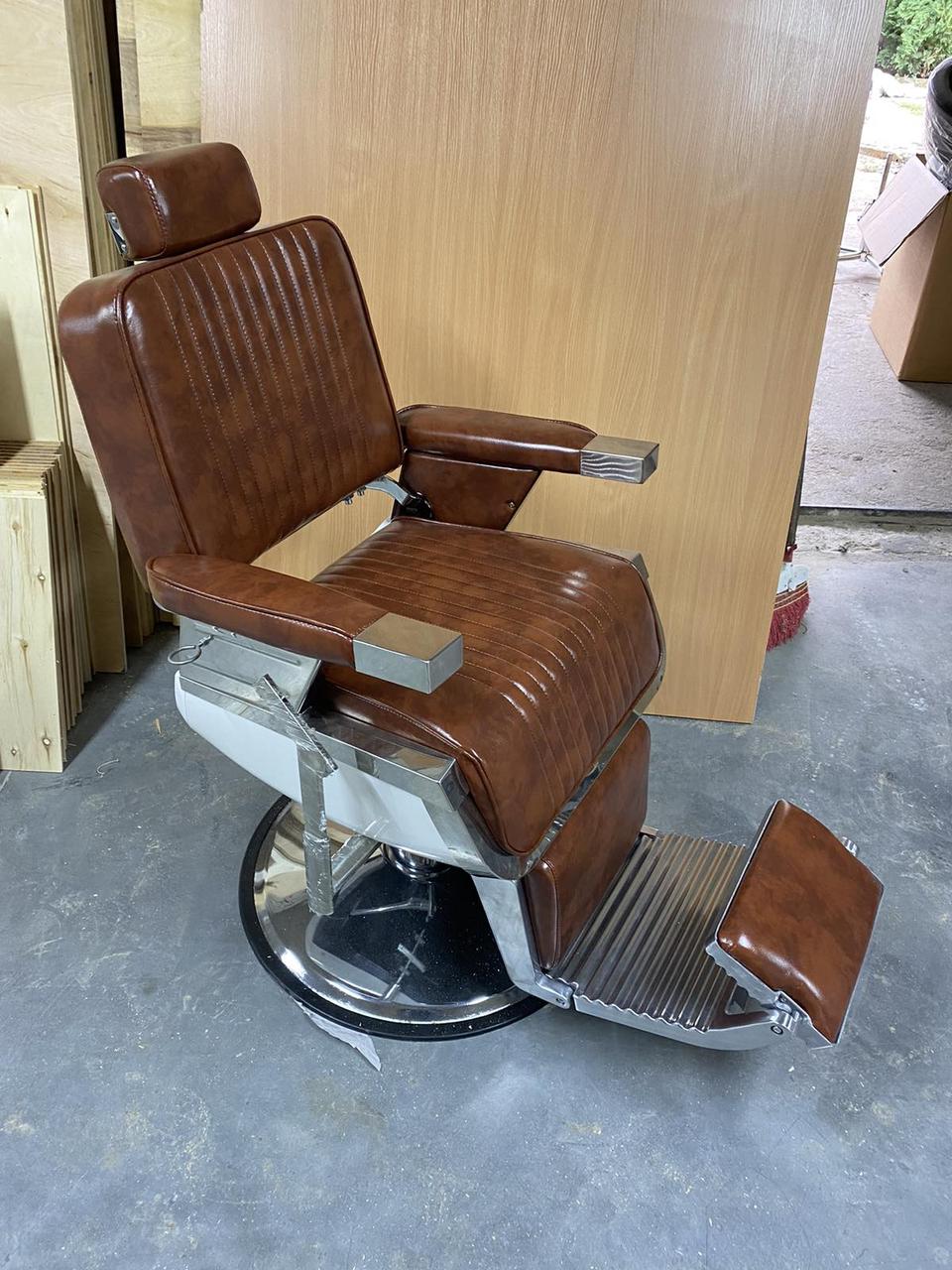 Крісло перукарське для barbershop Елегант Люкс шкірзам Мадрас Тютюно (FrizelTM)
