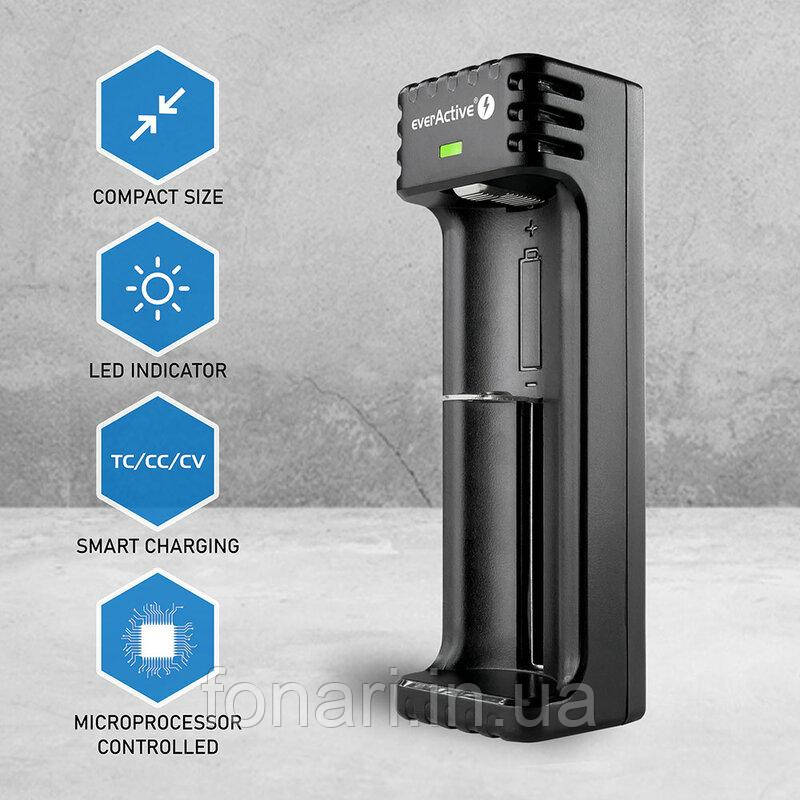 Зарядний пристрій everActive LC100 від USB для Li-Ion 21700, 26650, 18650 та ін.