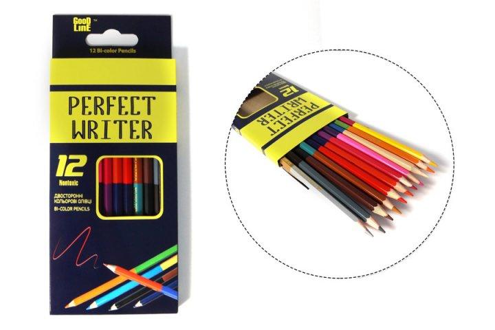 Олівці кольорові двосторонні Perfect Writer, арт. 082015, GOOD LINE, 12/24 кольорів, шестигранні, м'які, для малювання Leader