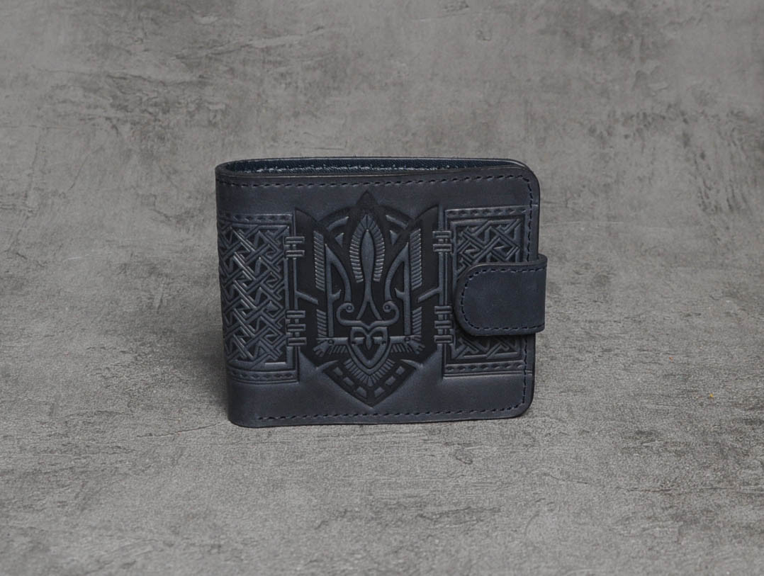 Шкіряний гаманець з тисненням  «Тризуб» ручної роботи, натуральна шкіра, синього кольору,  11×9 см, фото 1