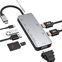 Концентратор хаб USB C 9 в 1 USB C два HDMI 4K VGA, PD USB 3.0 TF/SD