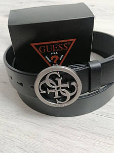 Жіночий шкіряний ремінь Guess Гесс чорний зі срібною пряжкою