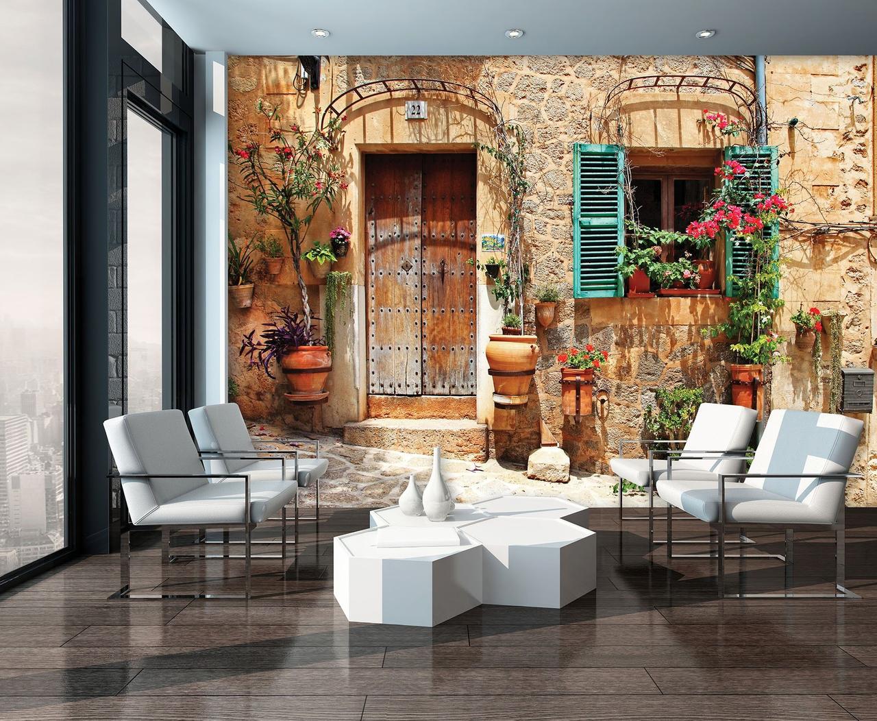 Фото шпалери 368x254 см 3Д Гарний фасад будинку з квітами в горщиках (10388P8)+клей