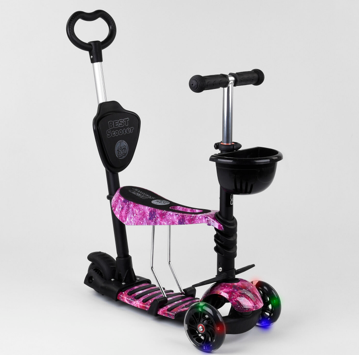 Самокат 5 в 1 Best Scooter пластмасовий рожевий з батьківською ручкою колеса PU з підсвічуванням та підніжками