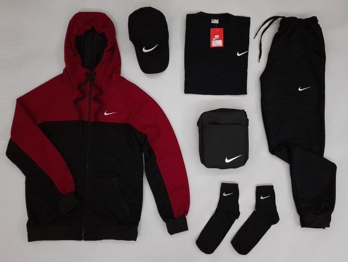 Спортивний костюм чоловічий Nike футболка кепка барсетка шкарпетки комплект 6 В 1 Найк весняний осінній червоний, фото 1