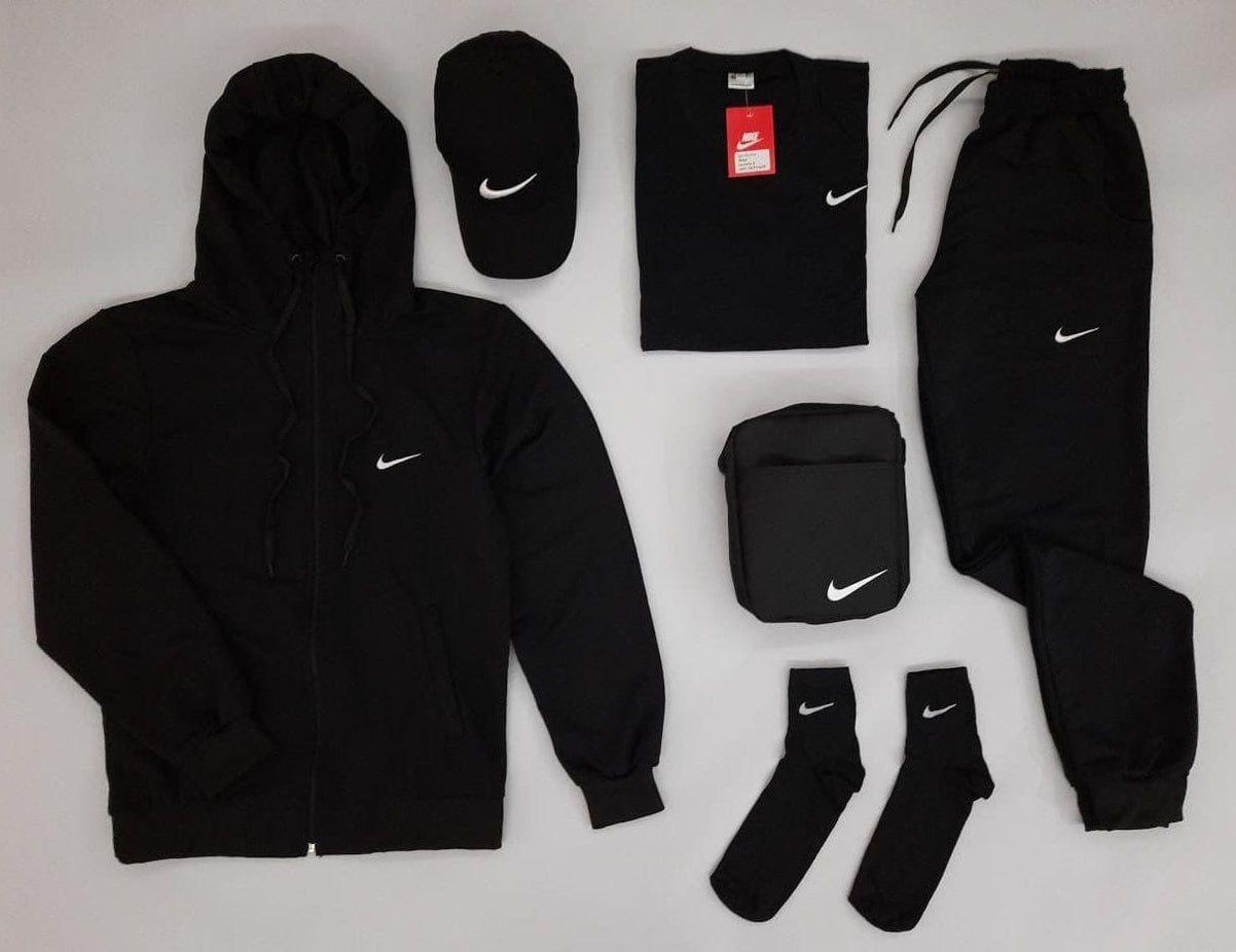 Спортивний костюм чоловічий Nike футболка кепка барсетка шкарпетки комплект 6 В 1 Найк весняний осінній чорний, фото 1