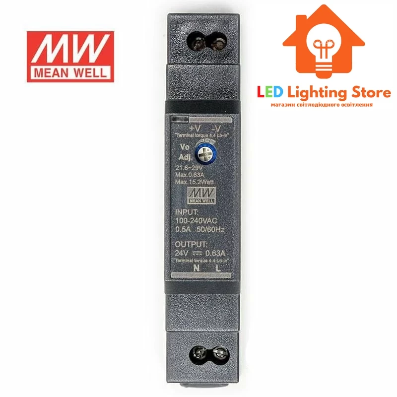 Блок живлення на DIN рейку Mean Well, HDR-15-24, 24V, 15.2W, 0.63А, IP20