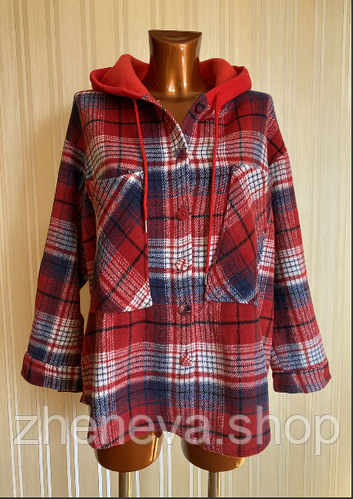 Купить Рубашка байка женская стильная в клетку с капюшоном размер 50-54 ...