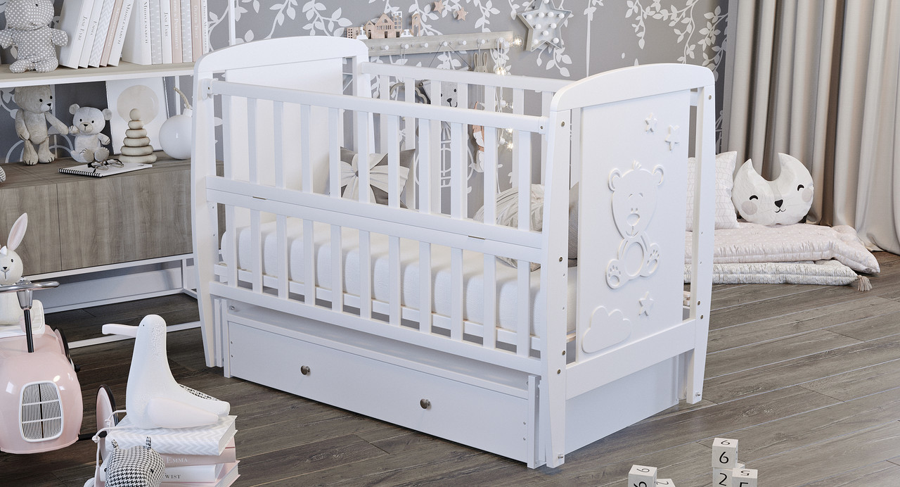 Кровать Babyroom Умка DUMYO-3 маятник, ящик, откидной бок бук белый