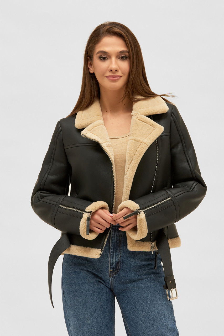 Коротка зимова жіноча чорна дублянка авіатор, фото 1