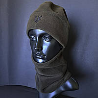 Комплект шапка и бафф флисовая тактическая мужская женская зимняя с гербом Украины Темная олива (шапкабаф1)