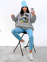 Актуальный теплый женский костюм - батник с принтом Микки Маус и джоггеры Dbr5295