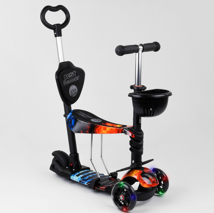 Самокат 5 в 1 Best Scooter пластмасовий помаранчевий з батьківською ручкою колеса PU з підсвічуванням та підніжками