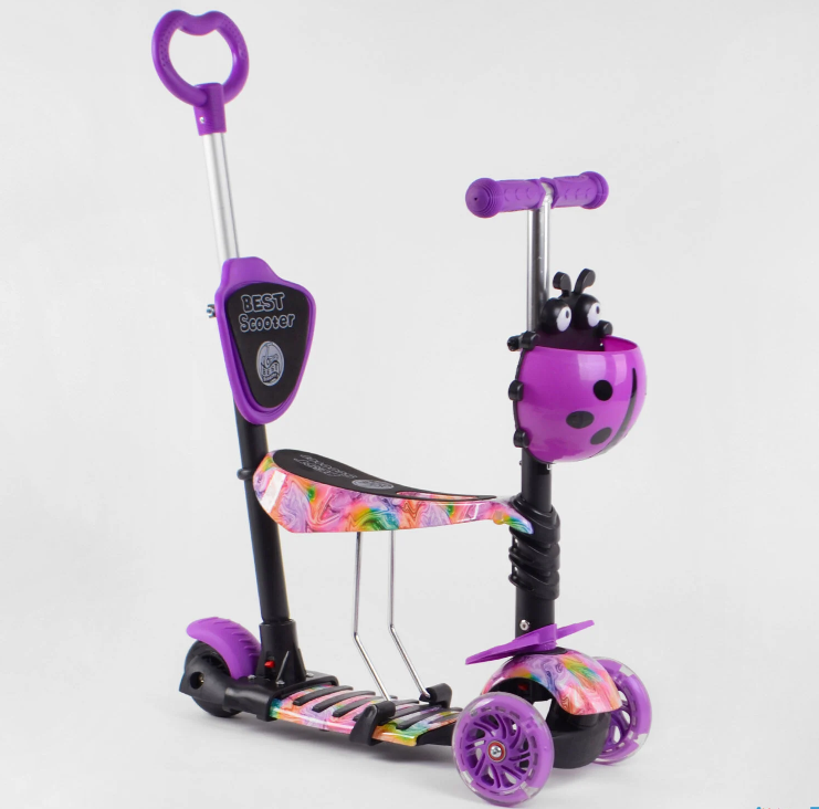 Самокат 5 в 1 Best Scooter пластмасовий фіолетовий з батьківською ручкою колеса PU з підсвічуванням та підніжками