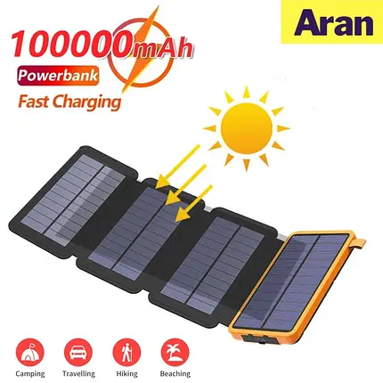 Power Bank (повербанк) на сонячних батареях 30000 mAh Black з ліхтариком, фото 2