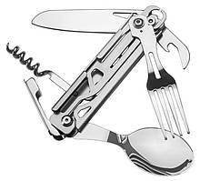 Багатофункціональний тактичний набір мультитул складаний (ложка, вилка, ніж) 5 в 1 E-TAC A-51 Silver