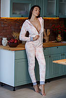 Теплая женская махровая пижама попожама Frozy с капюшоном Персиковые Бабочки, с карманом на попе комбинезон