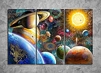 Картина модульная на холсте Солнечная система, Планета Сатурн Меркурий Космос Земля габарит 90*60 из 3 частей