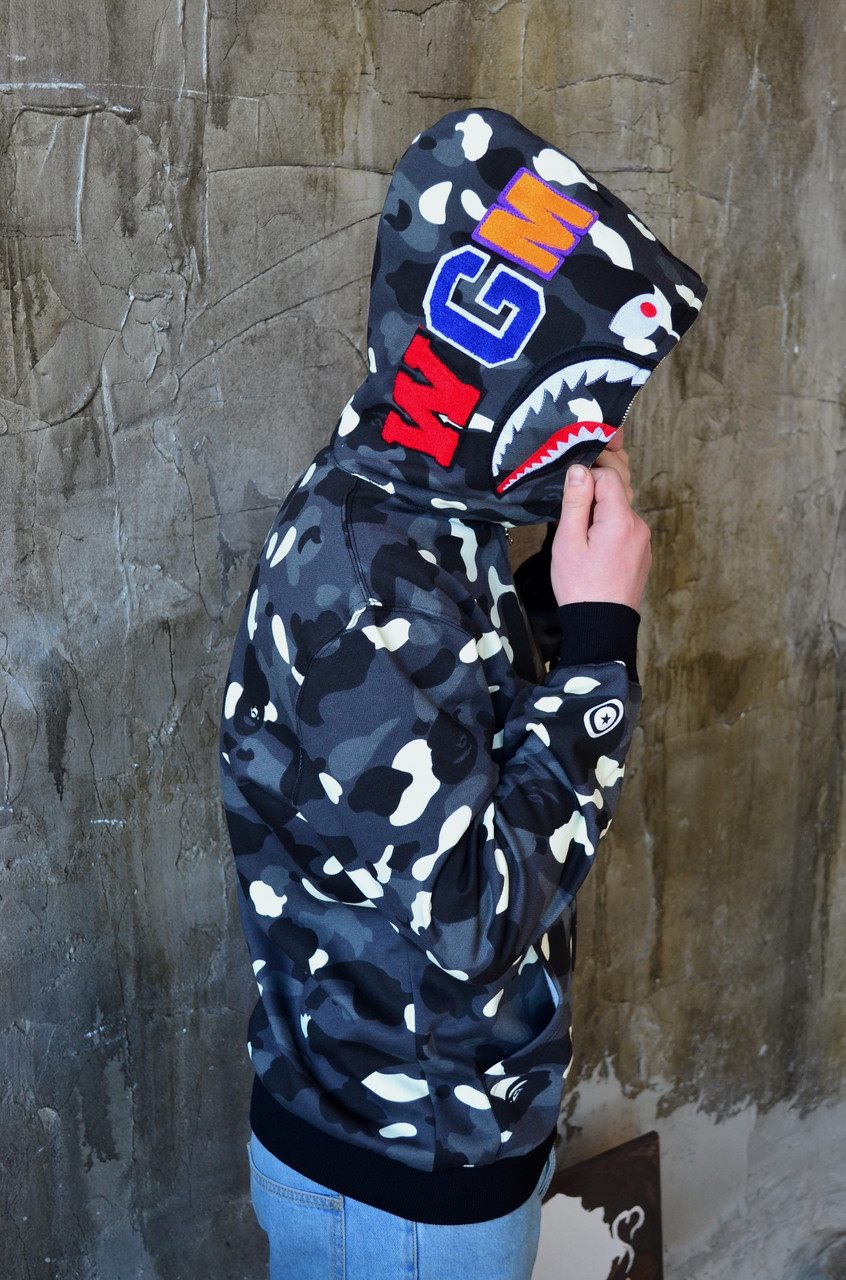 Худі молодіжне унісекс Bape Bape Camo reflective світиться крапками. Молодіжні толстовки Бейп сірий камуфляж