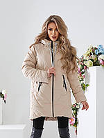 Стильна вільна жіноча куртка-парка арт.1010/1 непромокальна плащівка колір бежевий/ беж