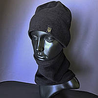 Комплект шапка и бафф флисовая тактическая мужская женская зимняя с гербом Украины Zepma Черный (шапкабаф2)