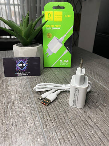 Зарядний пристрій Denmen DC05T з кабелем Type-C 2USB 2.4A, фото 1