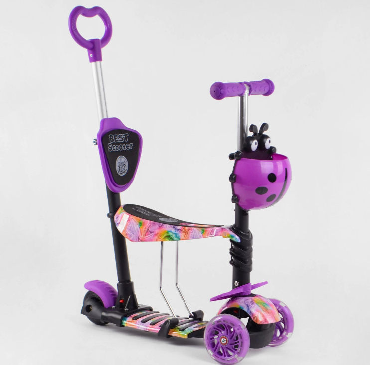 Самокат 5 в 1 Best Scooter пластмасовий фіолетовий з батьківською ручкою колеса PU з підсвічуванням та підніжками