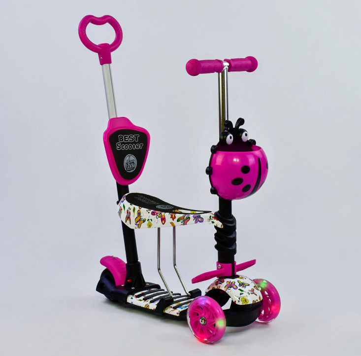 Самокат 5 в 1 Best Scooter пластмасовий рожевий з батьківською ручкою колеса PU з підсвічуванням та підніжками