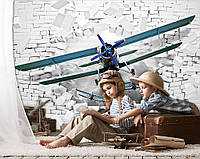 Флизелиновые фото обои для детей мальчиков 312x219 см Самолет вылетает из 3Д кирпичной стены (10407VEXXL)+клей