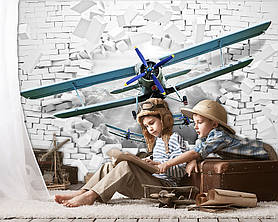 Флізелінові фото шпалери для дітей хлопчиків 312x219 см Літак вилітає із 3Д цегляної стіни (10407VEXXL)+клей