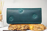 Темно-бірюзовий гаманець жіночий довгий шкіряний з орнаментом тисненням Котики, фото 2