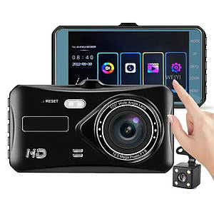 Автомобільний відеореєстратор T672 LCD 4" TOUCH SCREEN сенсорний 2 камери 1080P Full HD метал чорний