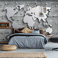 Флізелінові фотошпалери до спальні над ліжком Стиль лофт 312x219 см Карта світу з металу на бетонній стіні (10420VEXXL)+клей