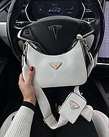 Женская сумка Prada Leather White (белая) BONO3337 красивая стильная мини сумочка с длинным ремнем с ключницей