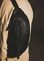 Мужская кожаная бананка сумка на пояс кожаная черная минибэг бельтбэг топ продаж