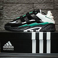 Мужские кроссовки Adidas Niteball (чёрные с зелёным и белым) спортивные яркие весенние кроссы 2216 cross