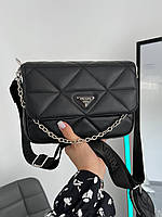 Женская подарочная сумка Prada Black Shoulder (черная) S17 красивая стильная модная с цепочкой и ремнем cross