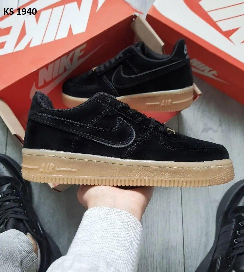 Чоловічі кросівки Nike Air Force (чорні з пісочною підошвою) низькі повсякденні демі кеди KS 1940 top, фото 1