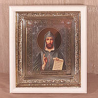 Икона Кирилл святой равноапостольный, лик 10х12 см, в белом прямом деревянном киоте