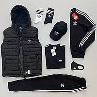 Спортивный костюм мужской, набор Adidas 7в1 черный жилетка, свитшот, штаны, футболка, носки 2 пары. XL