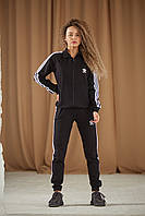Спортивный костюм женский Adidas черный с белыми полосами, хлопковый кофта и штаны на манжетах. код KH-2028 M